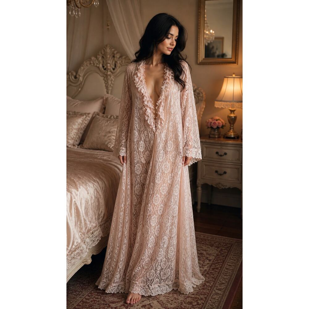 Vintage Intime California Lace Peignoir Robe 50s 60s Bridal Boudoir S